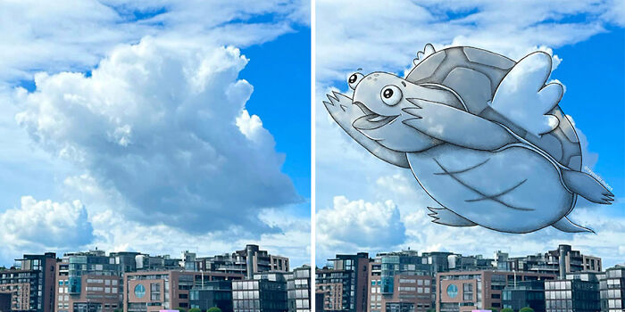 A cloud illustration turned into a whimsical flying turtle over city buildings.