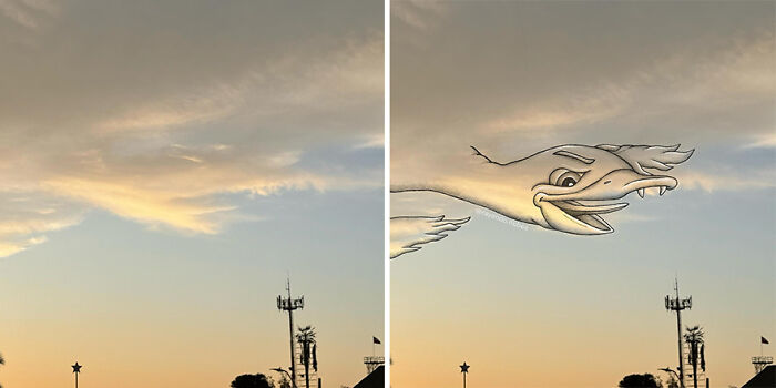 Cloud illustration transforms into a fun dragon figure above a city skyline during sunset.