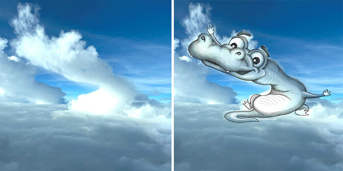 Cloud illustration of a playful cartoon dragon, transforming a cloudscape into whimsical artwork.