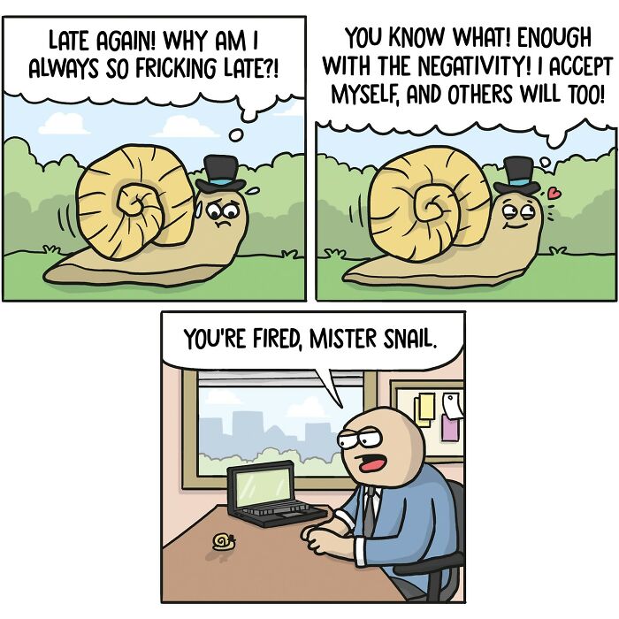 Snail in top hat shows positivity, then gets fired; humorous satire by Norwegian cartoonist.