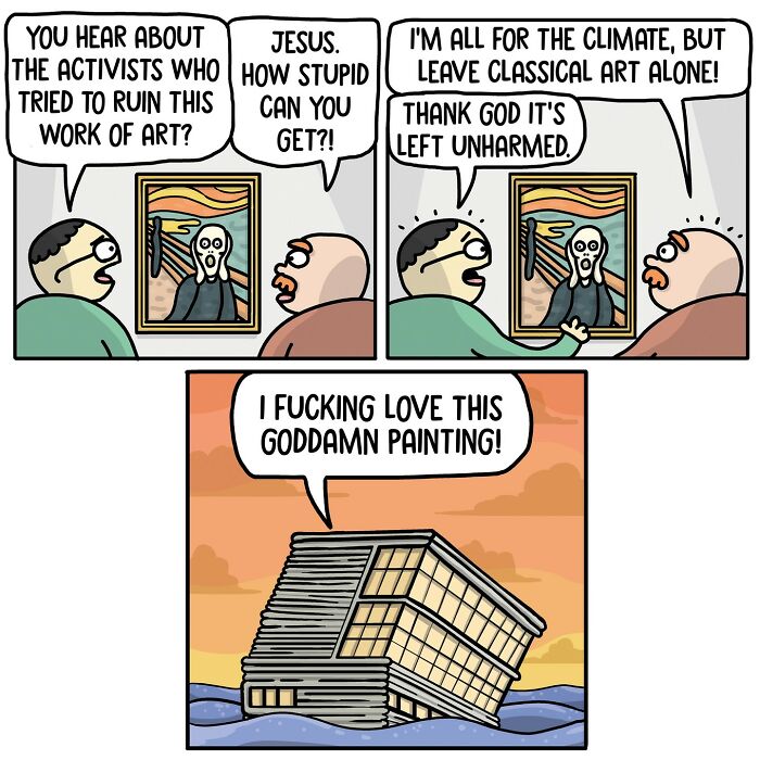 Norwegian cartoonist comic with satire on classical art protection and modern appreciation.