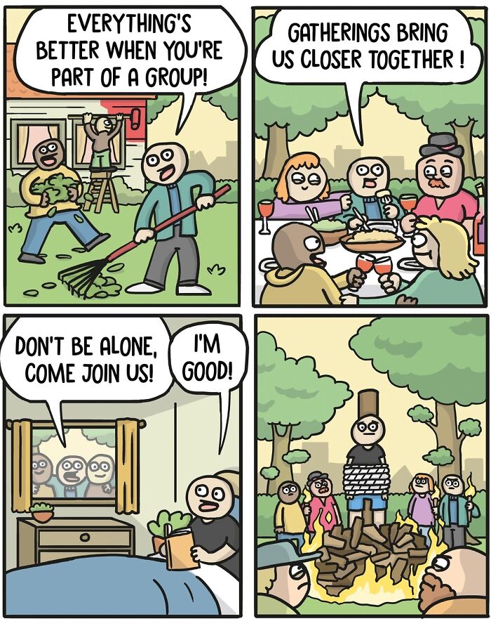 Norwegian cartoonist's satirical comic about group gatherings with humorous twist.