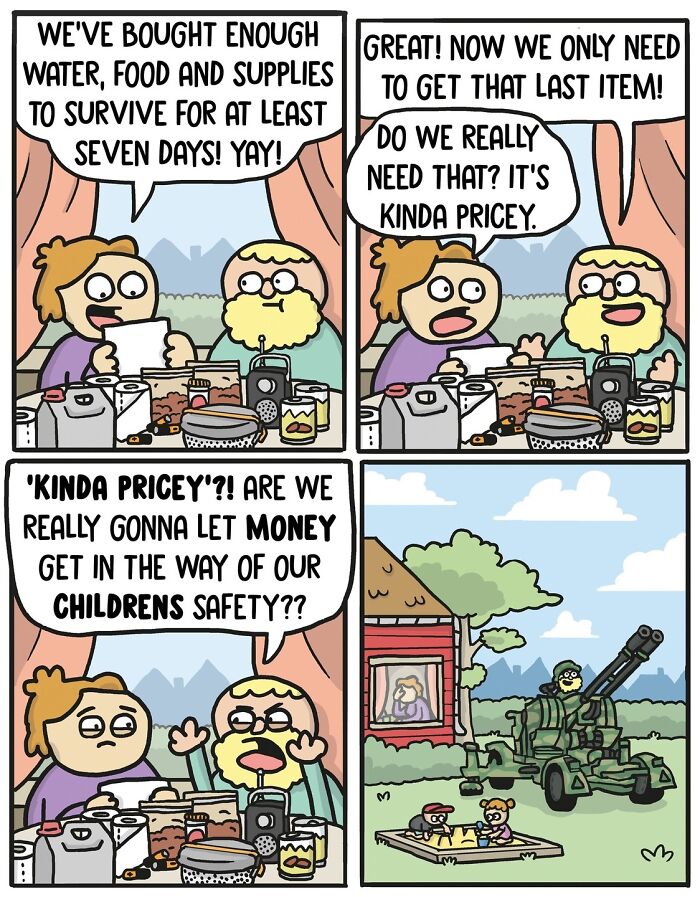 Norwegian cartoonist's comic featuring a humorous take on buying supplies and spending for children's safety.