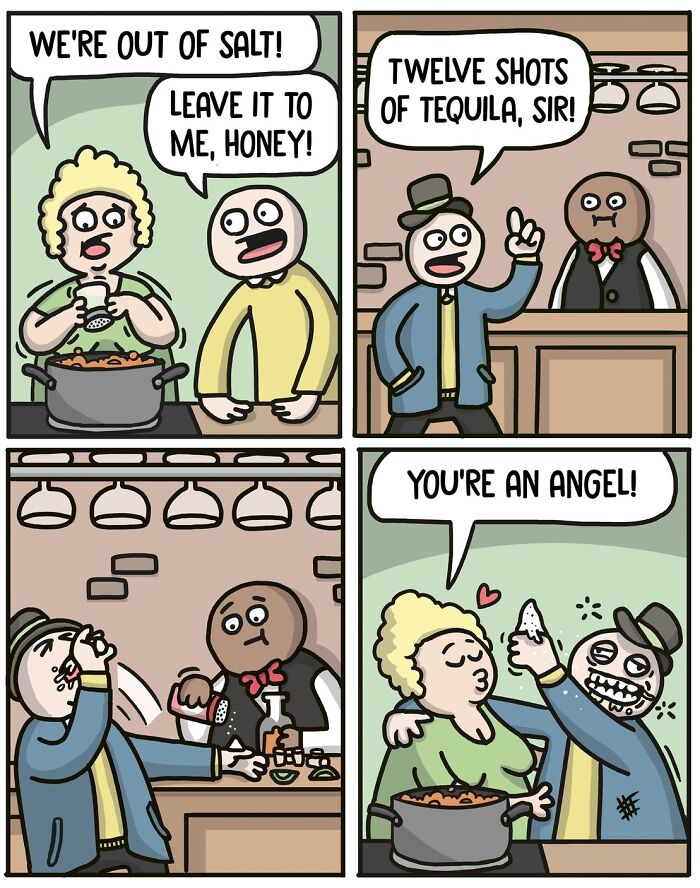 Norwegian cartoonist comic with social commentary, featuring a man bringing tequila as salt for cooking.