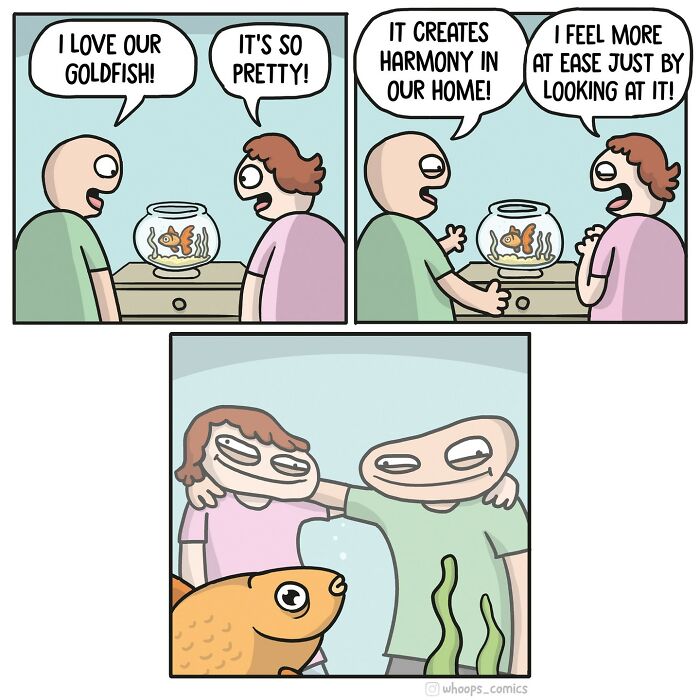 Norwegian cartoonist comic with satire and social commentary featuring a goldfish in a bowl and two people admiring it.