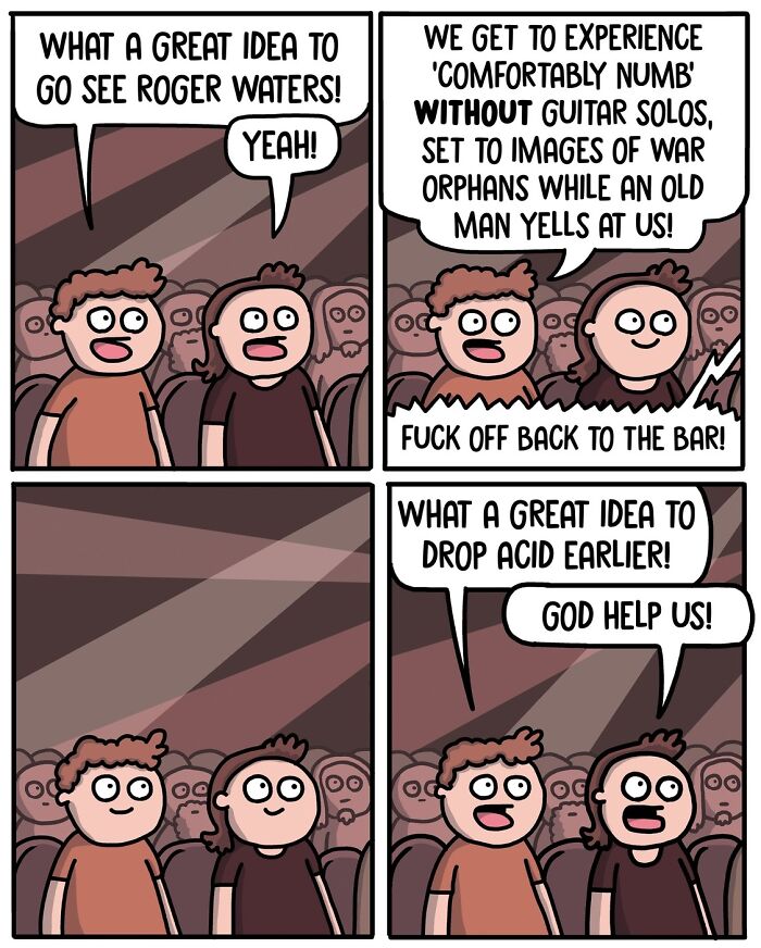 Norwegian cartoonist comic featuring fans at a concert questioning their decisions with hints of satire and social commentary.