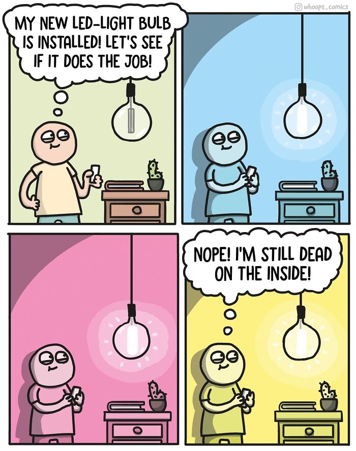 Comic by Norwegian cartoonist shows person testing new LED bulb, humorously realizing they're still "dead on the inside."