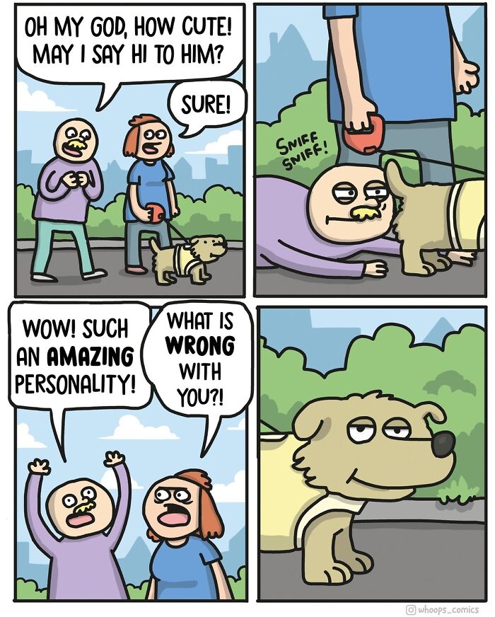 Norwegian cartoonist's satirical comic with a humorous interaction between people and a dog.