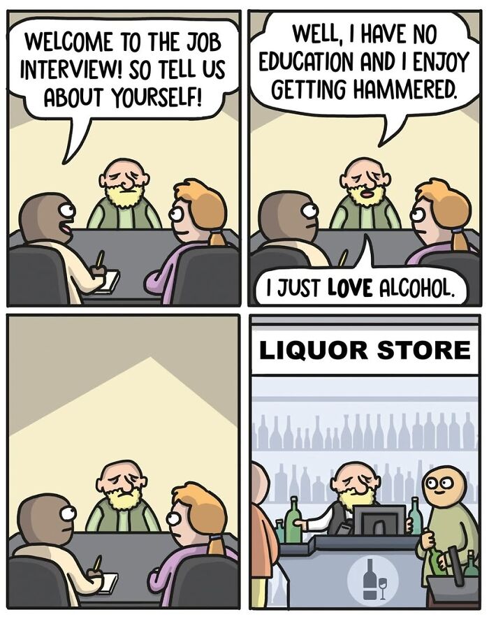 Comic strip by Norwegian cartoonist showing a humorous job interview with dark social commentary ending at a liquor store.