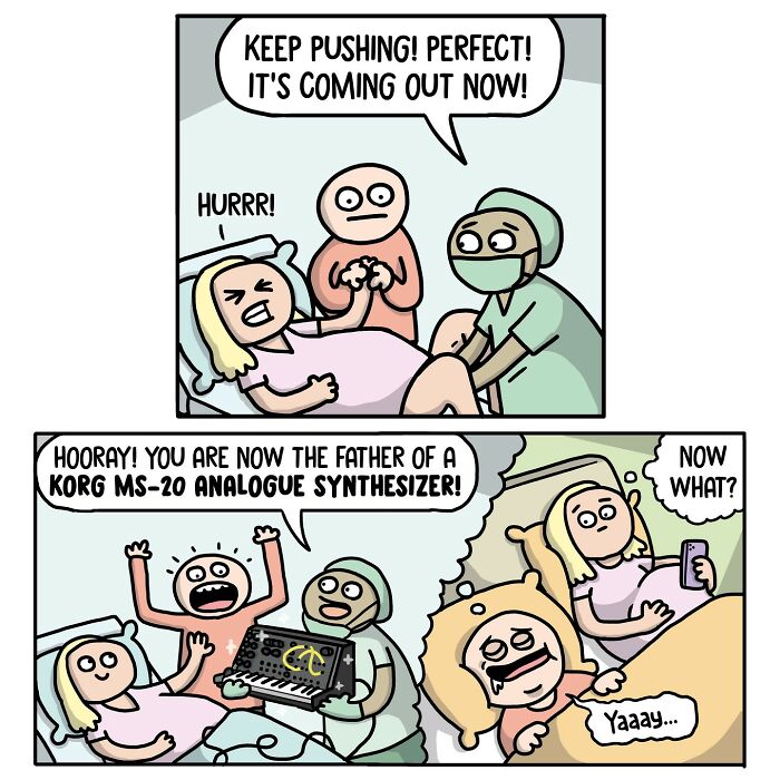 Norwegian cartoonist comic: A woman giving birth to a synthesizer while a doctor congratulates the parents humorously.