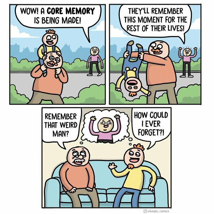 Norwegian cartoonist comic: A dad creating a core memory with his child, later humorously recalling a strange moment.