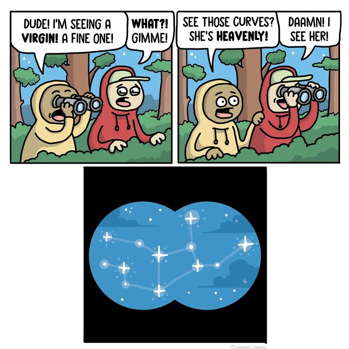 Norwegian cartoonist comic: two people stargazing, humor in celestial misinterpretation.