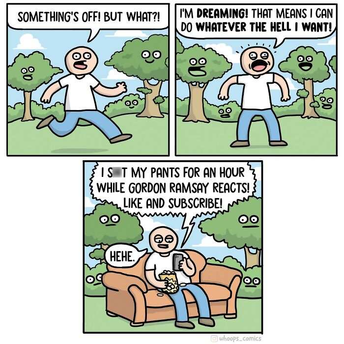 A comic strip by a Norwegian cartoonist featuring satire with a character realizing he's dreaming, then on a couch watching Gordon Ramsay.