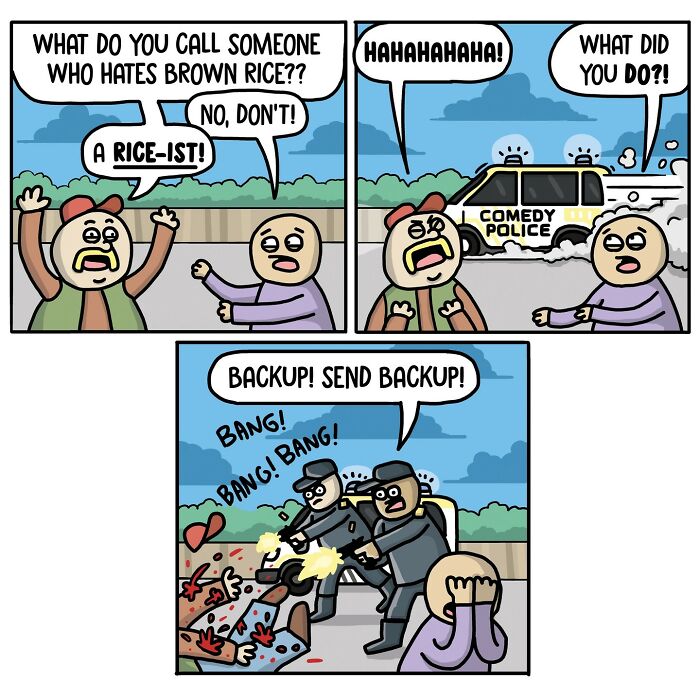 Norwegian cartoonist comic showing "Comedy Police" arresting a joke-teller, with satire and social commentary elements.