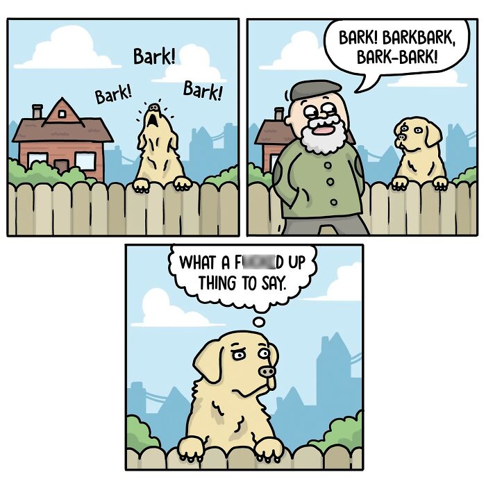 A dog barks at a bearded man, then reacts with surprise, showing satire and social commentary in a comic strip.