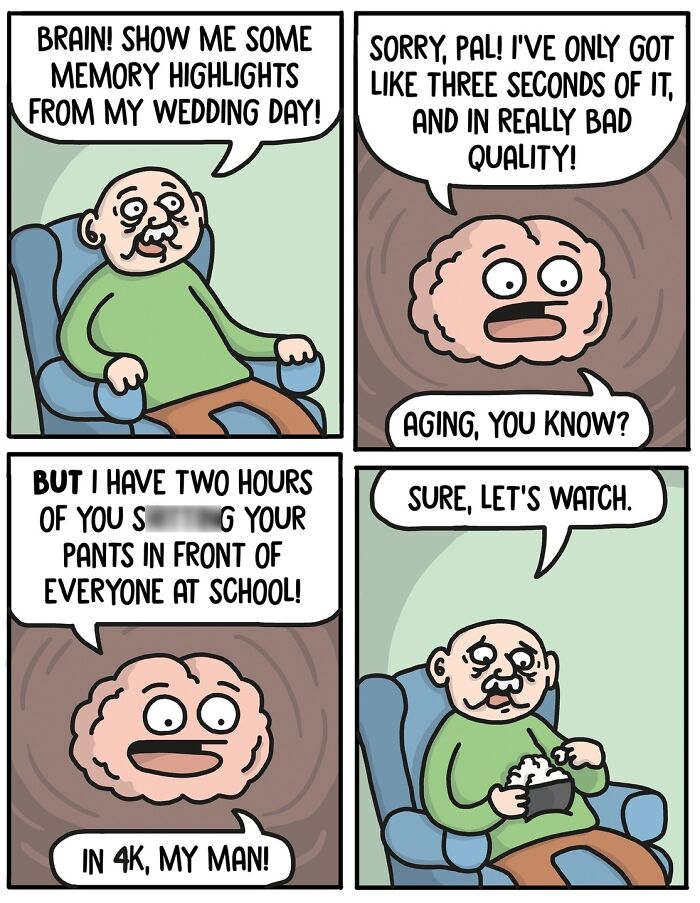 Cartoon of a man asking his brain for wedding memories; brain humorously recalls an embarrassing school moment instead.