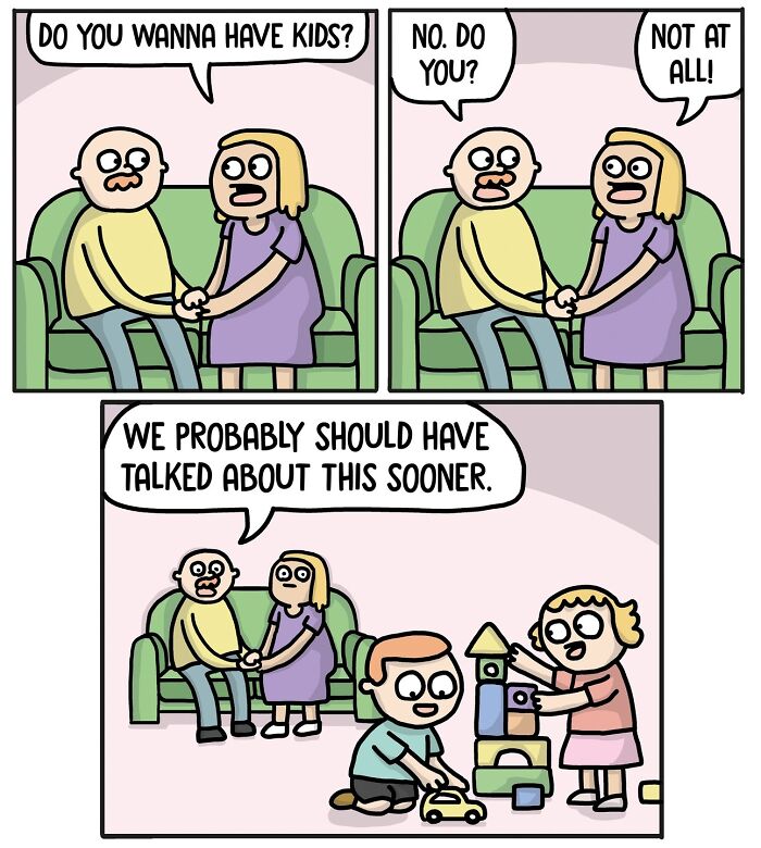 Norwegian cartoonist comic with satire of couple discussing having kids, humorous twist with children playing nearby.