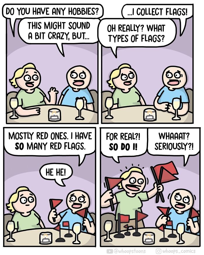 Norwegian cartoonist comic with a couple humorously discussing collecting red flags at a table.