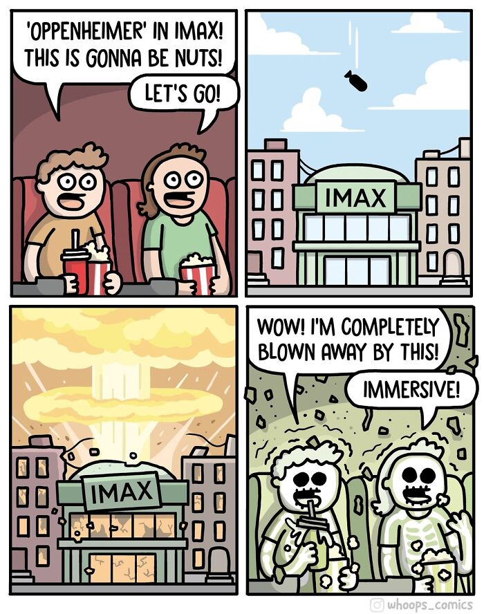 Comic of two people watching movie in IMAX, shows satire and social commentary; they're blown away by the immersive experience.