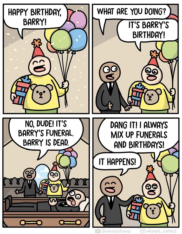 Norwegian cartoonist comic: a mix-up between a birthday and a funeral, featuring humorous satire and social commentary.