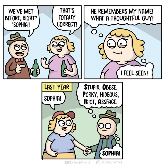 Norwegian cartoonist comic with social commentary on memory and perception through a humorous interaction.