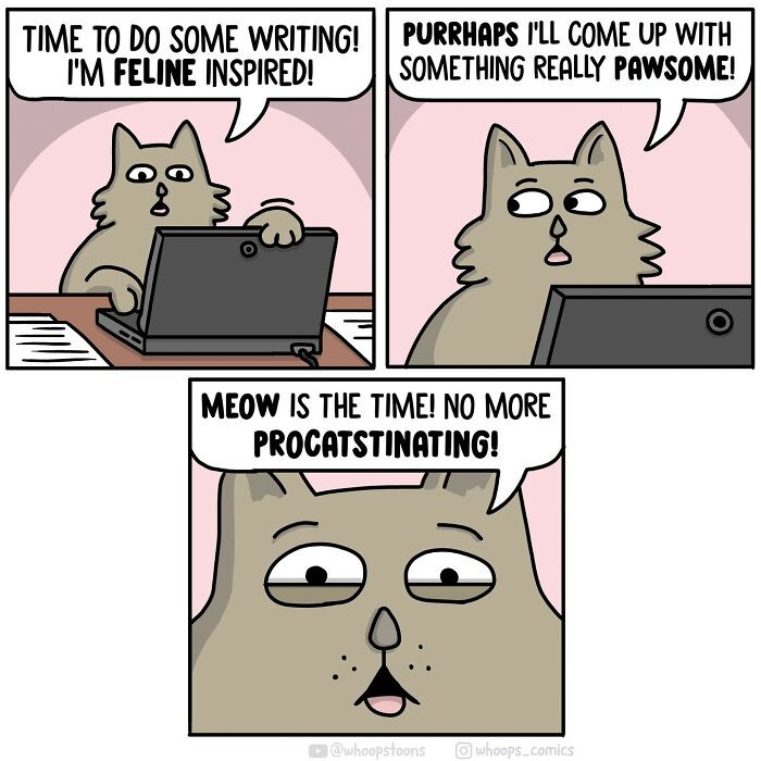 Cat at a laptop humorously writing with puns, by Norwegian cartoonist known for satire and social commentary.