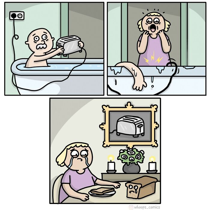 Norwegian cartoonist comic showing toaster in bathtub mishap with a humorous, dark twist at a memorial.