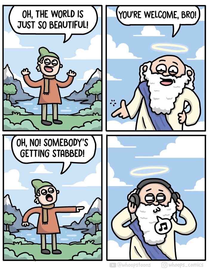 Norwegian cartoonist comic with satire: character enjoys nature, another listens to music ignoring chaos.