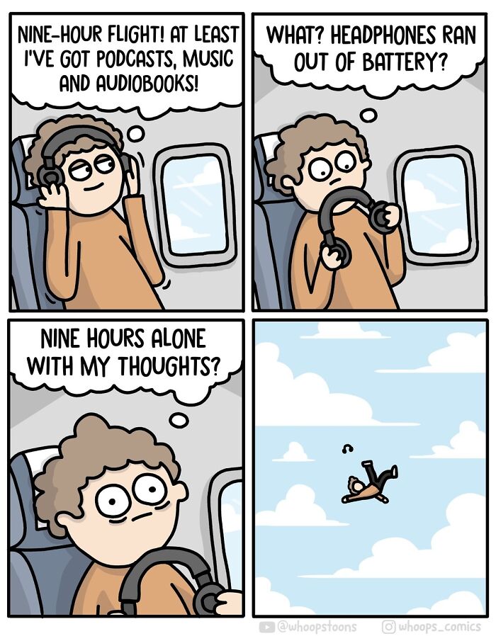 Norwegian cartoonist comic depicting a person distressed over dead headphones on a flight.