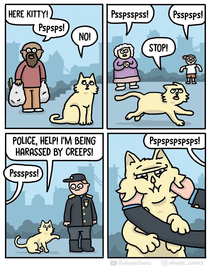 Norwegian cartoonist comic of a cat being called by people and seeking police help, showing satire and social commentary.