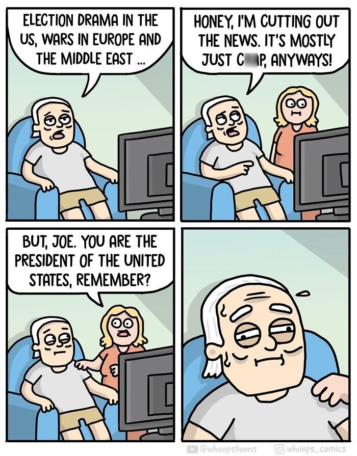 Norwegian cartoonist humorously satirizes politics as a man confusedly ignores world events on TV.