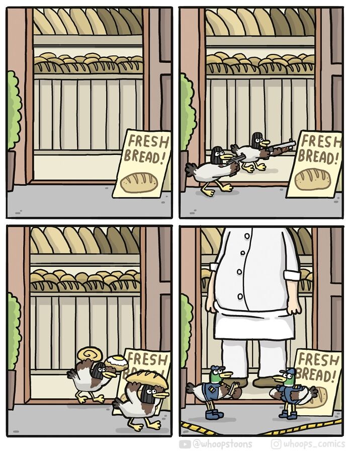 Ducks stealing bread in a comic strip with social commentary.