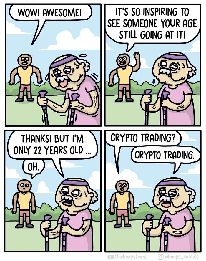 Norwegian cartoonist comic: young person with canes, mistaken for elder, humorous crypto trading satire.