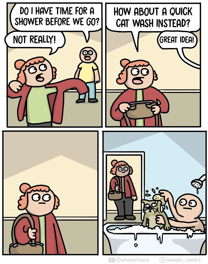 Norwegian cartoonist's comic: person suggesting a quick "cat wash" instead of a shower, adds humor and social commentary.