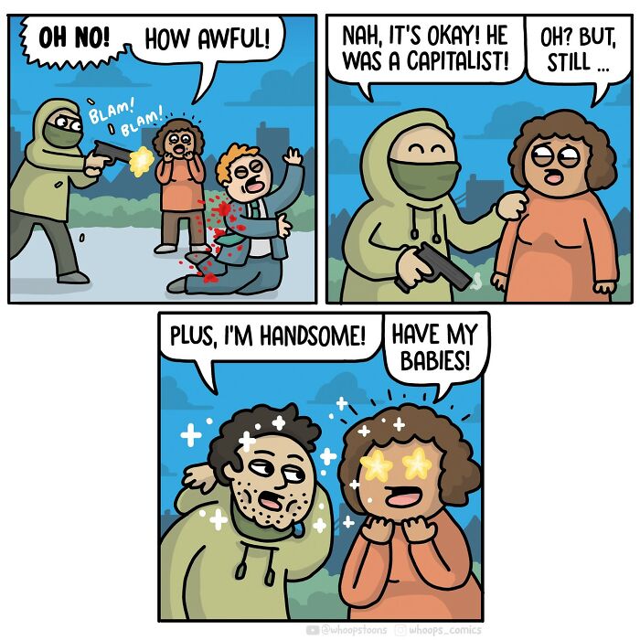 Norwegian cartoonist comic with satire, showing humorous scene of a flawed character gaining admiration.