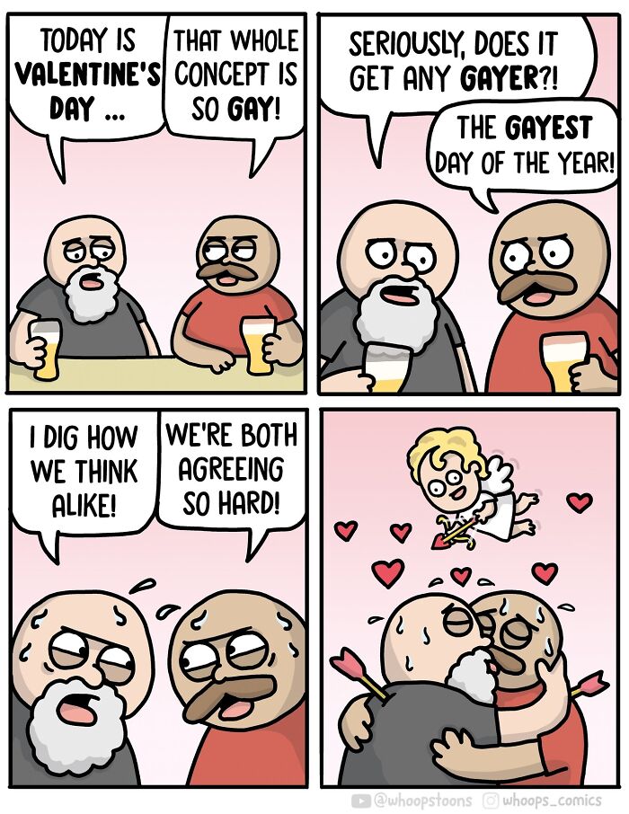 Norwegian cartoonist comic features two men in a humorous Valentine's Day conversation with satire.