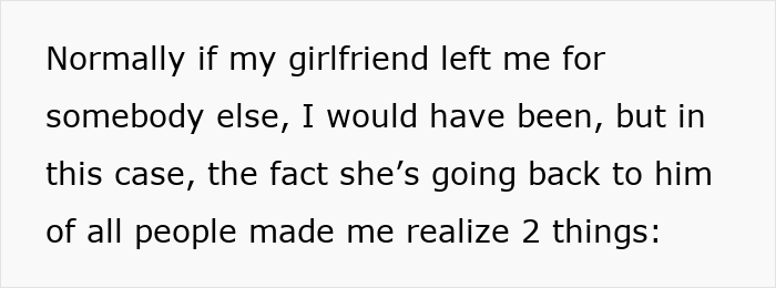 Text image: Guy laughs, girlfriend goes back to her ex. Text image: Guy laughs, girlfriend goes back to her ex.