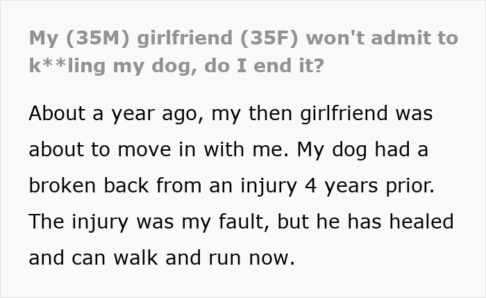 Text discussing a dog's injured back, weighted blanket incident, and relationship issues. Text discussing a dog's injured back, weighted blanket incident, and relationship issues.