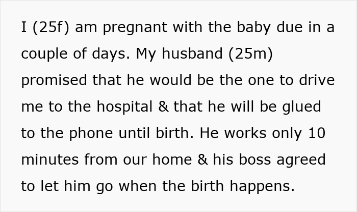 Pregnant woman discusses husband's promise to drive her to hospital for childbirth, highlighting his commitment and support. Pregnant woman discusses husband's promise to drive her to hospital for childbirth, highlighting his commitment and support.
