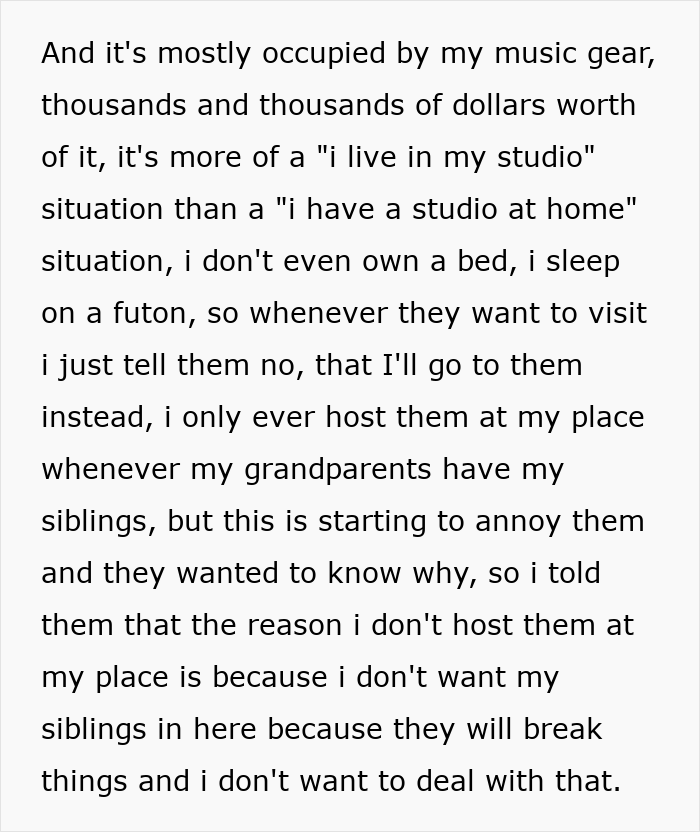 Text discussing issues with siblings damaging belongings, leading to a decision to prevent visits to protect possessions. Text discussing issues with siblings damaging belongings, leading to a decision to prevent visits to protect possessions.