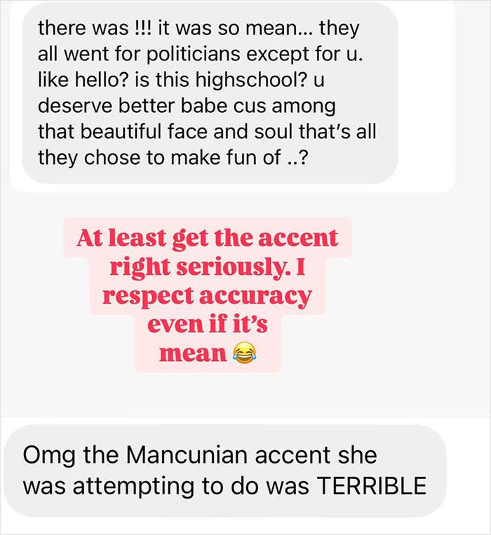 Text screenshot reacting to SNL skit; mocking accents and discussing cruelty. Text screenshot reacting to SNL skit; mocking accents and discussing cruelty.