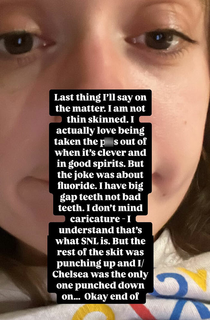 A person sharing a message expressing frustration with SNL for mocking their teeth in a skit. A person sharing a message expressing frustration with SNL for mocking their teeth in a skit.