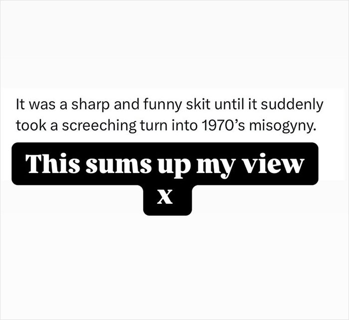 A text message criticizing a skit for its mean humor. A text message criticizing a skit for its mean humor.