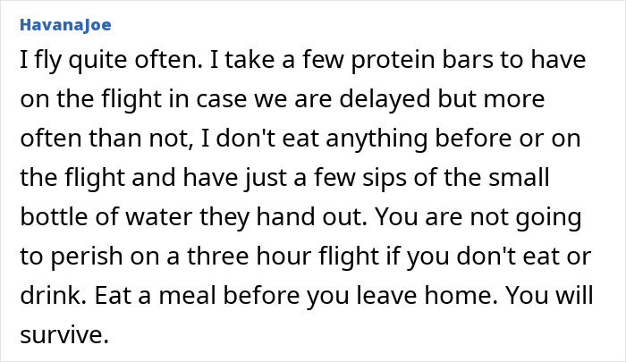 Text advice on airport food and drink avoidance, emphasizing pre-flight meals and hydration with small water sips. Text advice on airport food and drink avoidance, emphasizing pre-flight meals and hydration with small water sips.