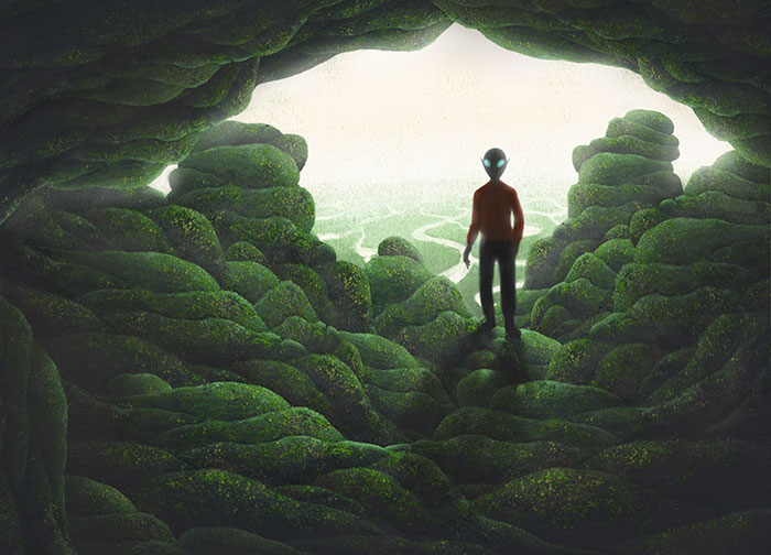 Alien figure observing a landscape from a cave, symbolizing signs of alien life on a distant planet 120 lightyears away. Alien figure observing a landscape from a cave, symbolizing signs of alien life on a distant planet 120 lightyears away.