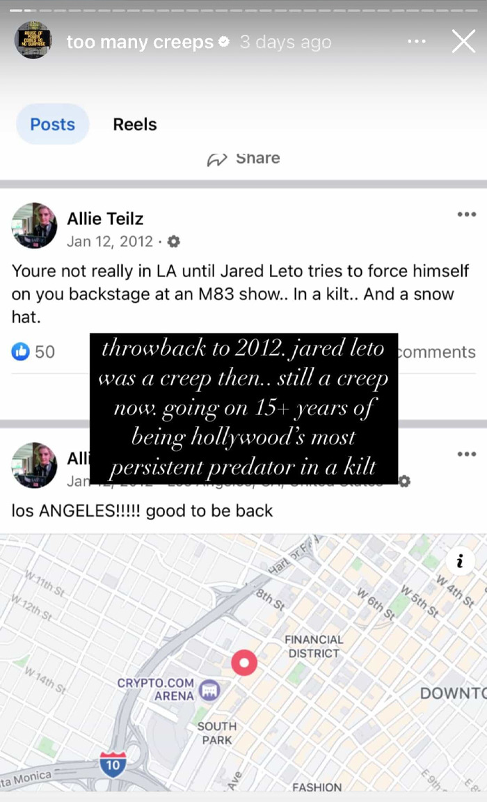 Allie Teilz shares allegations about Jared Leto from 2012 on social media with map view of Los Angeles. Allie Teilz shares allegations about Jared Leto from 2012 on social media with map view of Los Angeles.