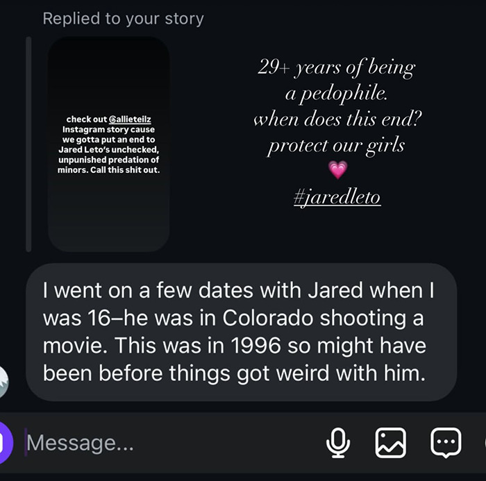 Text alleging predation by Jared Leto shared on Instagram, calls for protecting girls and ending predation behavior. Text alleging predation by Jared Leto shared on Instagram, calls for protecting girls and ending predation behavior.