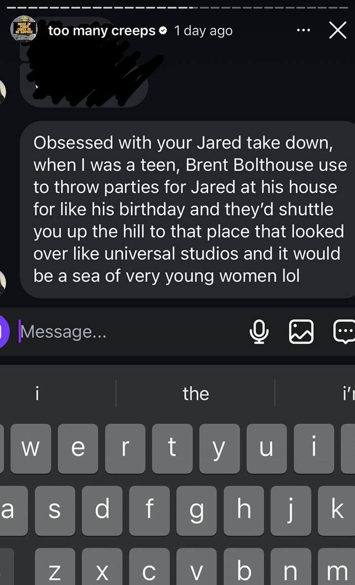 Text exchange alleging parties for Jared Leto with young women, claimed by Allie Teilz. Text exchange alleging parties for Jared Leto with young women, claimed by Allie Teilz.