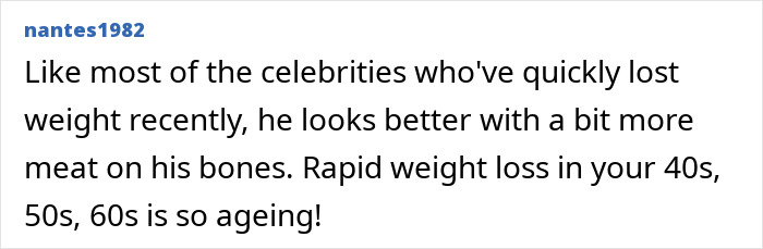Comment critiquing Jason Biggs' rapid weight loss, suggesting he looks better with more weight, links to ageing concerns. Comment critiquing Jason Biggs' rapid weight loss, suggesting he looks better with more weight, links to ageing concerns.