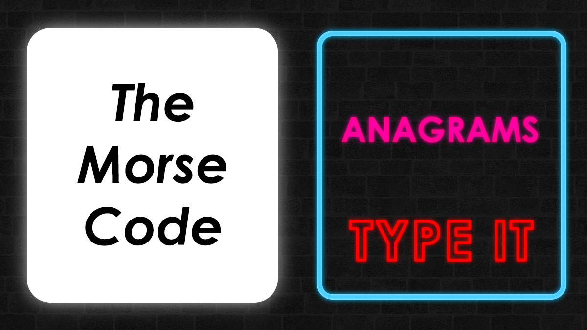 Split image with text The Morse Code in black on white background, neon style anagrams and type it in bright colors against dark wall.